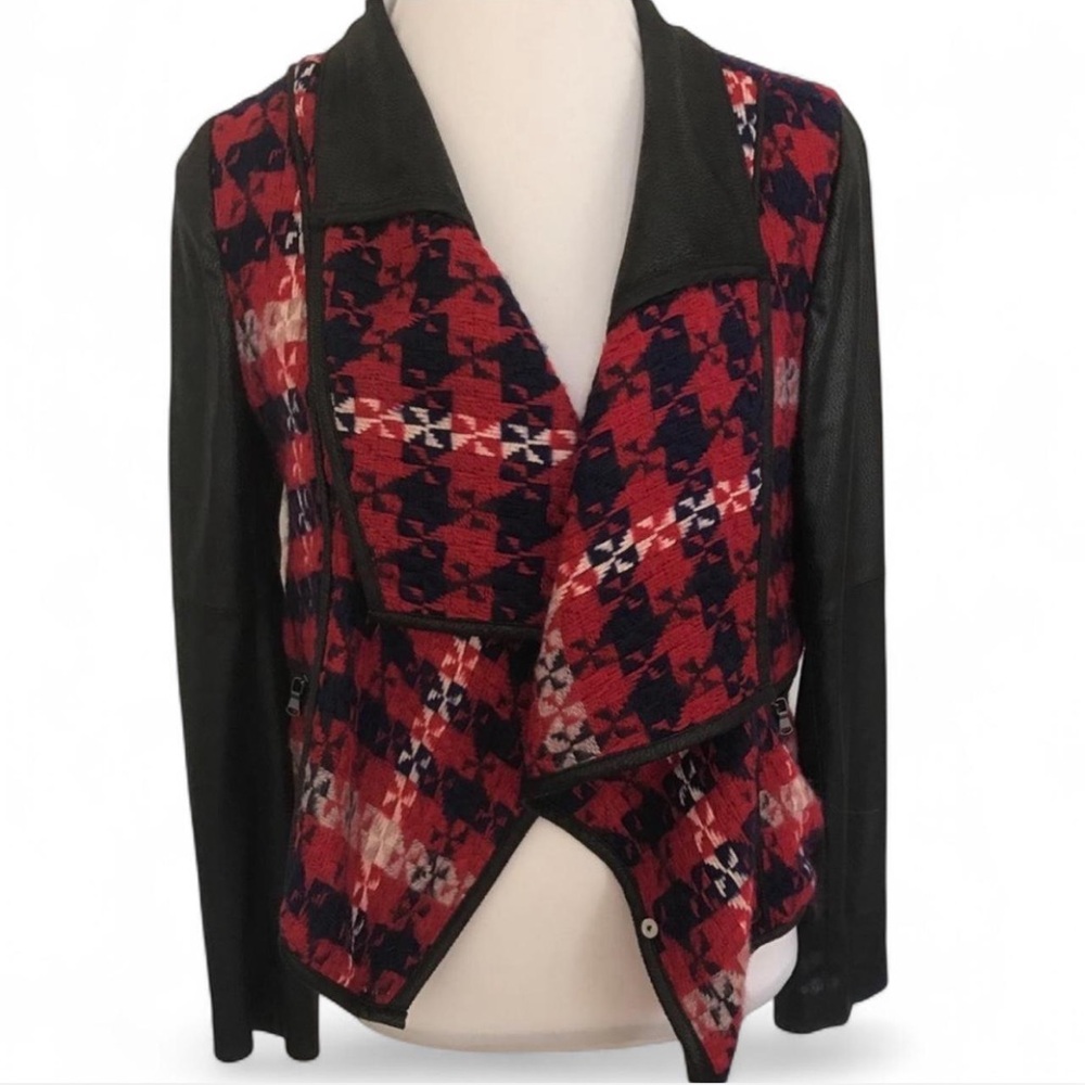Devlin by Parker Drape Front Crop Red Plaid Jacket w Faux Leather Sleeves NWOT